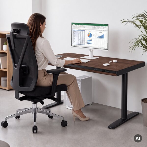 Elektrický písací stôl sit-stand so zásuvkou a bezdrôtovou nabíjačkou Qi čierny/orech, 1400 mm: ELLIS