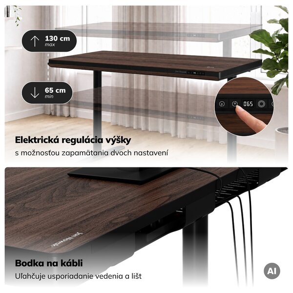 Elektrický písací stôl sit-stand so zásuvkou a bezdrôtovou nabíjačkou Qi čierny/orech, 1400 mm: ELLIS