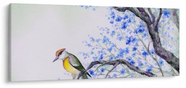 Obraz - Vtáčik na strome s modrými kvetmi (120x50 cm)
