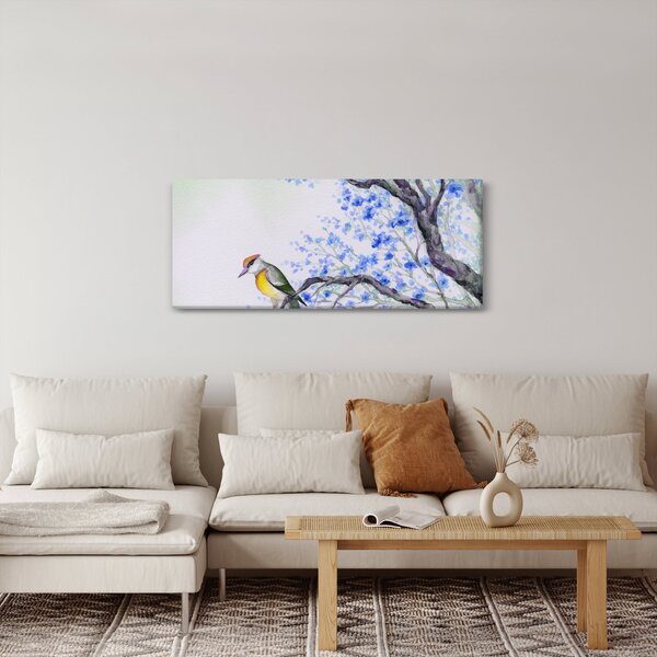 Obraz - Vtáčik na strome s modrými kvetmi (120x50 cm)