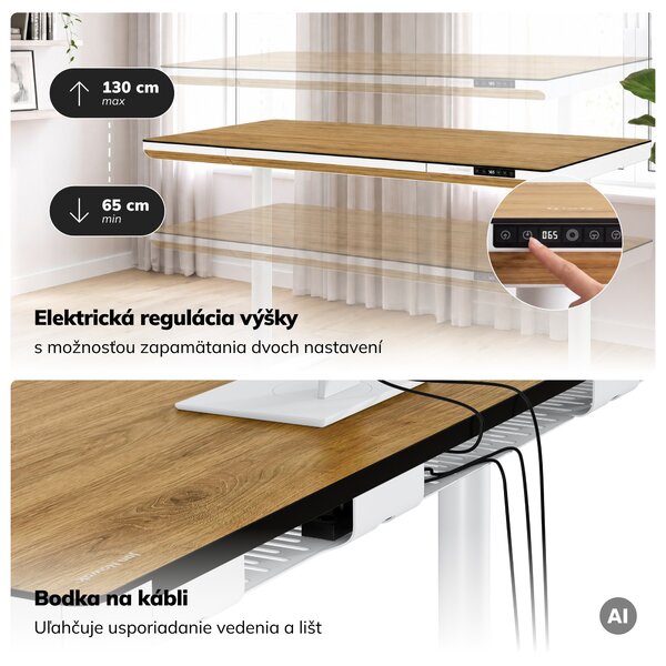 Elektrický písací stôl sit-stand so zásuvkou a bezdrôtovou nabíjačkou Qi biely/zlatý dub, 1400 mm: ELLIS