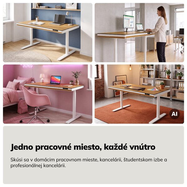 Elektrický písací stôl sit-stand so zásuvkou a bezdrôtovou nabíjačkou Qi biely/zlatý dub, 1400 mm: ELLIS