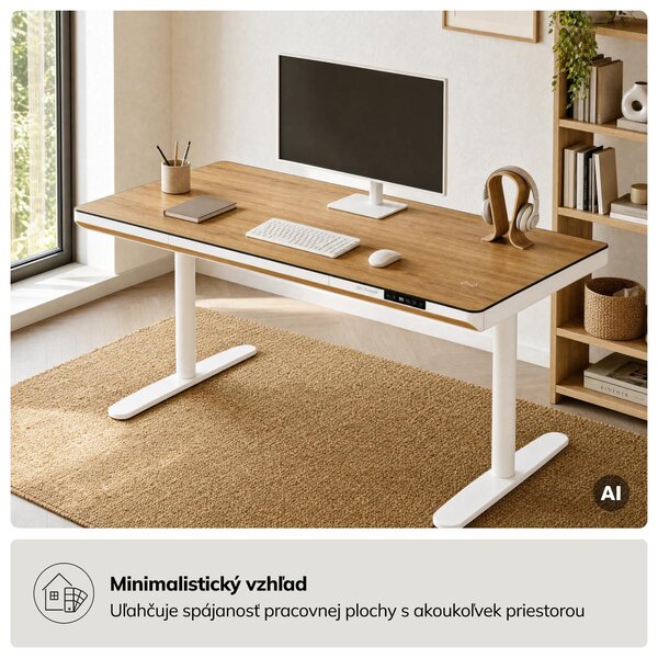 Elektrický písací stôl sit-stand so zásuvkou a bezdrôtovou nabíjačkou Qi biely/zlatý dub, 1400 mm: ELLIS