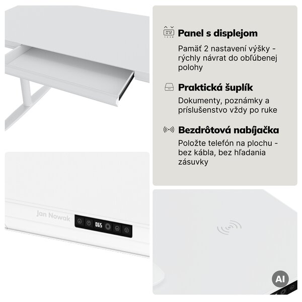 Elektrický písací stôl sit-stand so zásuvkou a bezdrôtovou nabíjačkou Qi biely, 1600 mm: ELLIS