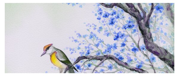 Obraz - Vtáčik na strome s modrými kvetmi (120x50 cm)