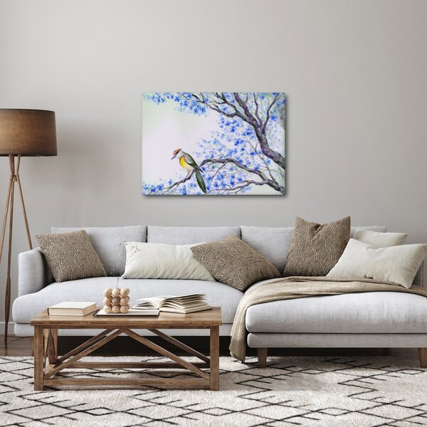 Obraz - Vtáčik na strome s modrými kvetmi (70x50 cm)