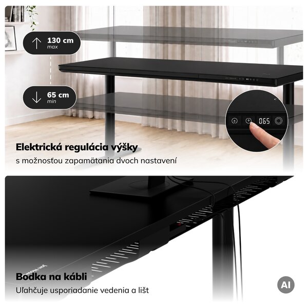 Elektrický písací stôl sit-stand so zásuvkou a bezdrôtovou nabíjačkou Qi čierny, 1600 mm: ELLIS