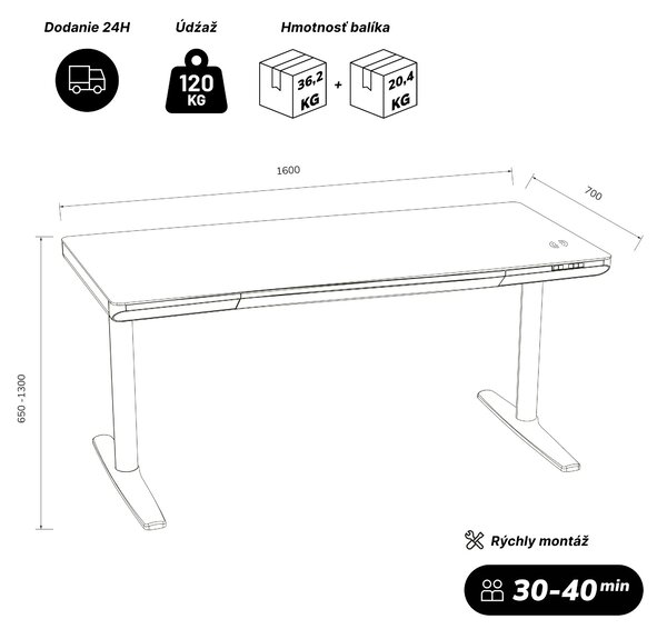 Elektrický písací stôl sit-stand so zásuvkou a bezdrôtovou nabíjačkou Qi čierny, 1600 mm: ELLIS