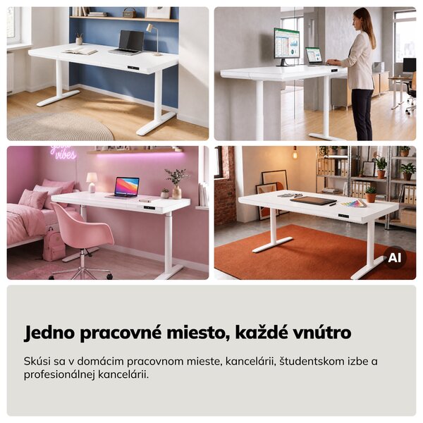 Elektrický písací stôl sit-stand so zásuvkou a bezdrôtovou nabíjačkou Qi biely, 1600 mm: ELLIS