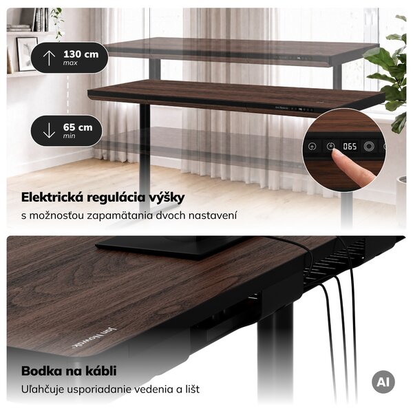 Elektrický písací stôl sit-stand so zásuvkou a bezdrôtovou nabíjačkou Qi čierny/orech, 1600 mm: ELLIS