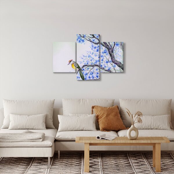 Obraz - Vtáčik na strome s modrými kvetmi (90x60 cm)