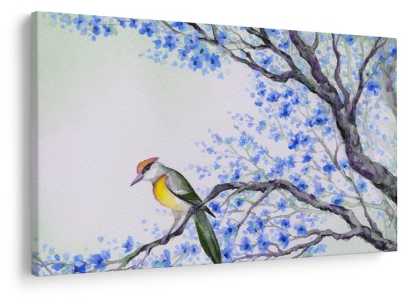 Obraz - Vtáčik na strome s modrými kvetmi (90x60 cm)