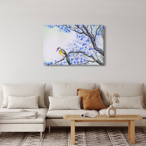 Obraz - Vtáčik na strome s modrými kvetmi (90x60 cm)