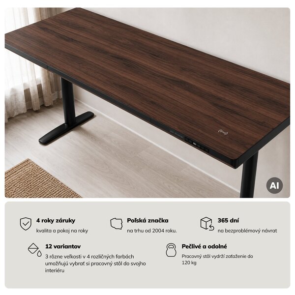Elektrický písací stôl sit-stand so zásuvkou a bezdrôtovou nabíjačkou Qi čierny/orech, 1600 mm: ELLIS