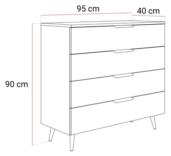 KOMODA MARION 2S KAŠMÍR ZLATÉ ÚCHYTKY + NOŽIČKY LED 95 cm