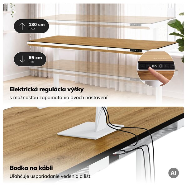 Elektrický písací stôl sit-stand so zásuvkou a bezdrôtovou nabíjačkou Qi biely/zlatý dub, 1600 mm: ELLIS