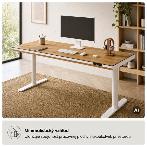 Elektrický písací stôl sit-stand so zásuvkou a bezdrôtovou nabíjačkou Qi biely/zlatý dub, 1600 mm: ELLIS