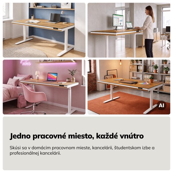 Elektrický písací stôl sit-stand so zásuvkou a bezdrôtovou nabíjačkou Qi biely/zlatý dub, 1600 mm: ELLIS