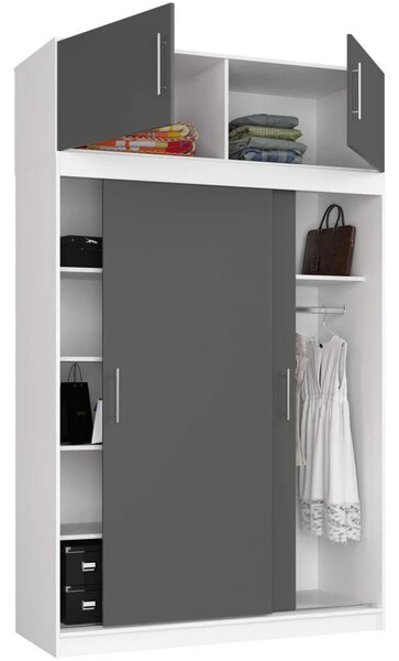 Priestranná šatníková skriňa 150 cm VALESTRA s nástavcom - biela / tmavo šedá
