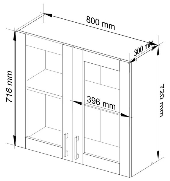 Horná dvojdverová presklená skrinka TRIVORA - šírka 80 cm, biela / dub sonoma