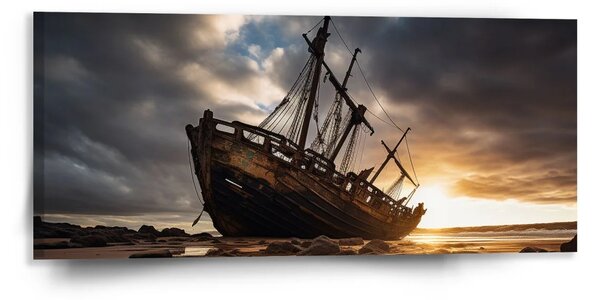 Sablio Obraz Vrak lode pri západe slnka - 110x50 cm