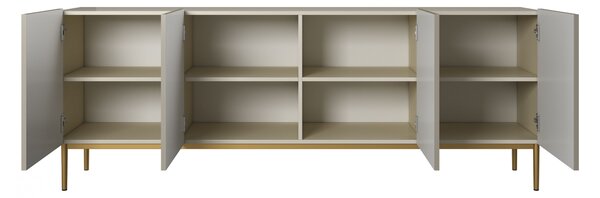 Štvordverová komoda Nicole 200 cm s ryhovaným čelom - kašmír / zlaté nožičky