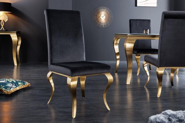 Invicta Interior - Elegantná stolička MODERN BAROQUE, čierno zlatá zamat, nerezová oceľ