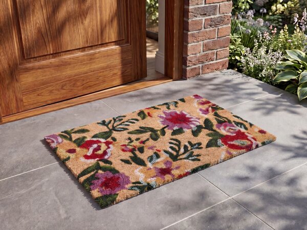 Rohožka viacfarebná prírodné kokosové vlákno 40 x 60 cm PVC povlak protišmyková rohož s kvetovaným vzorom do interiéru moderná