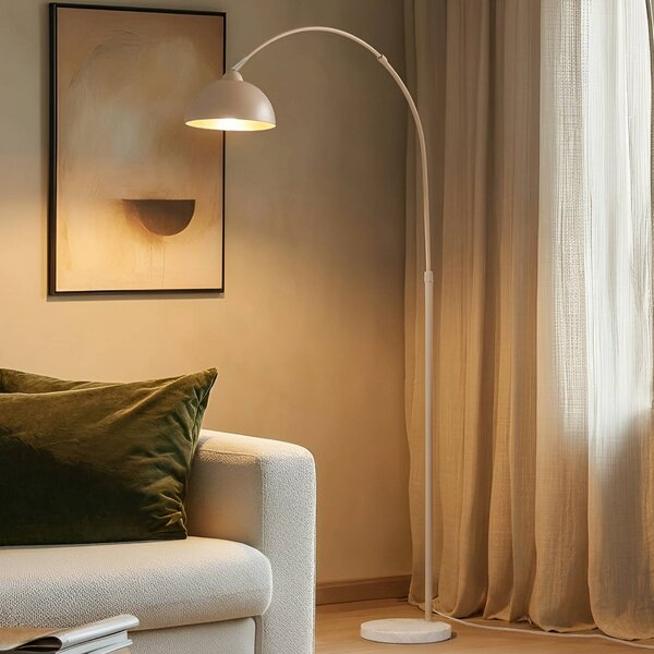 Lindby Stojacia lampa Tonka, béžová, kov/mramor, 185 cm, E27, Krémová / jantárovo žltá, Obývacia izba / jedáleň, kov, Moderný, Oblúková stojaca lampa