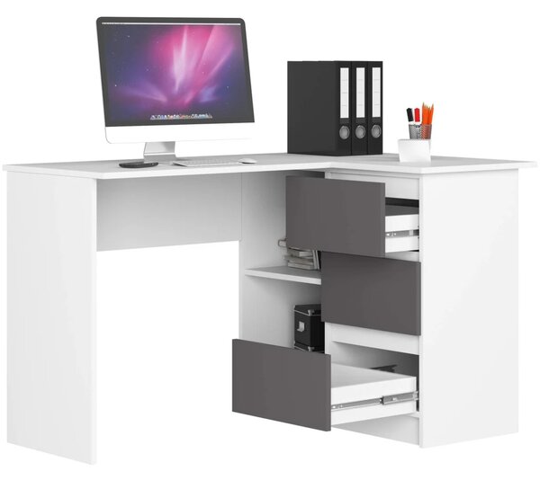 Rohový písací stôl ALERON - biely / šedý, pravé prevedenie