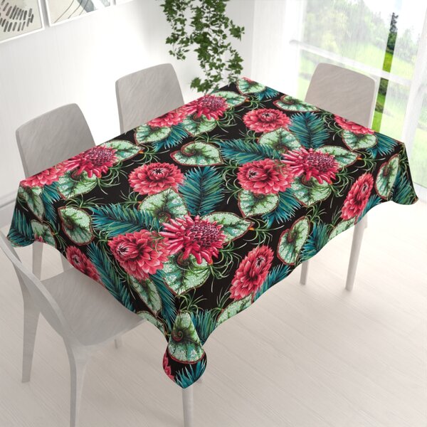 Biante Bavlnený obdĺžnikový obrus Sandra SA-566 Veľké tropické kvety a listy na čiernom 50x100 cm