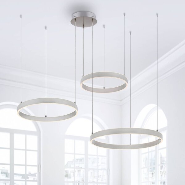 LED závesné svietidlo Lilluti, strieborné, železo, hliník, 3 krúžky, Hliník / sivá / zinok, Obývacia izba / jedáleň, kov, Moderný, Závesné svietidlo