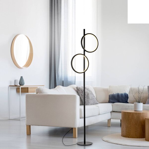 LED stojacia lampa Mini-Ritus, čierne, železo, 2 krúžky, Čierna, Obývacia izba / jedáleň, kov, Moderný