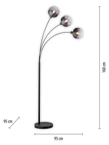 JUST LIGHT. GmbH Stojacia lampa Zea, 3-pl., dymovo šedá/čierna, sklo, E14, Čierna, Obývacia izba / jedáleň, kov, Moderný, Oblúková stojaca lampa