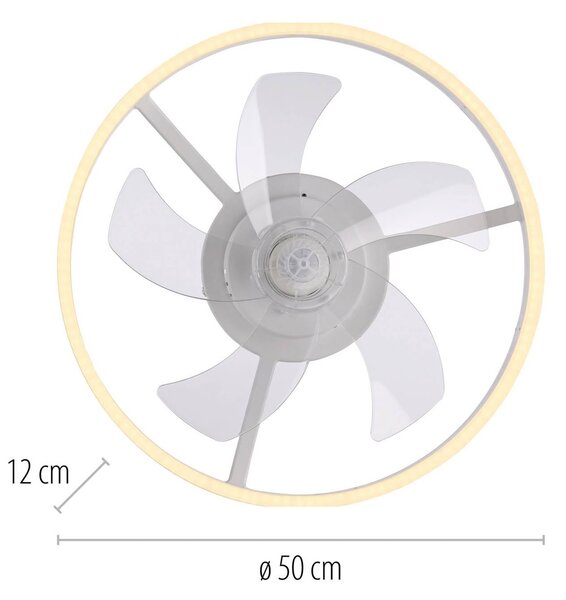 JUST LIGHT. GmbH Stropný ventilátor s LED osvetlením Rita, biely, diaľkové ovládanie, Ø 50, Biela / opálová, Obývacia izba / jedáleň, kov, Moderný, Závesné svietidlo