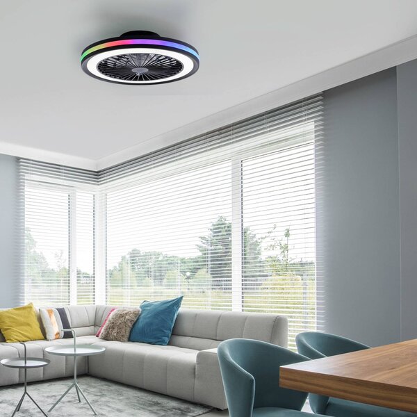 JUST LIGHT. GmbH Stropný ventilátor s LED osvetlením Brandon, čierny, RGBW, Ø 46,5 cm, Čierna, Obývacia izba / jedáleň, Plast, Moderný, Závesné svietidlo