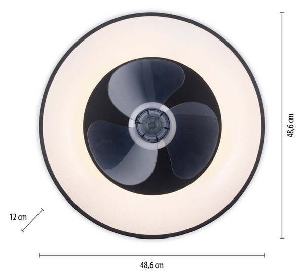 JUST LIGHT. GmbH LED stropný ventilátor Venika, čierny s diaľkovým ovládaním, Ø 48,6 cm, Čierna, Obývacia izba / jedáleň, kov, Moderný, Závesné svietidlo