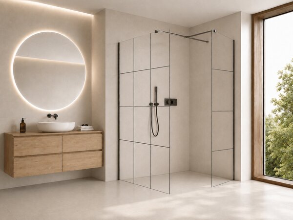 CERANO - Sprchová zástena Walk-in Onyx TL/P - 8 mm - hranatá vzpera - čierna matná, industriálne sklo - 90x90x200 cm