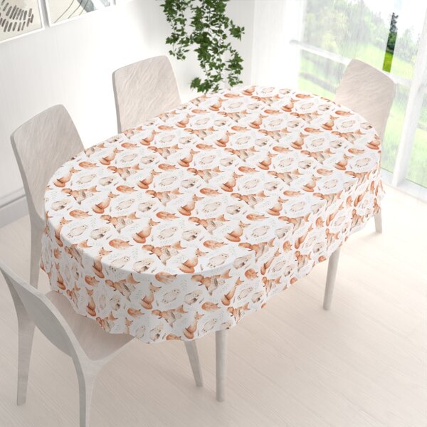 Biante Detský bavlnený oválny obrus Sandra SA-523 Líšky a sovy na bielom 50x100 cm