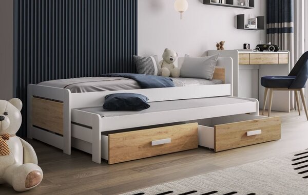 MAXMAX Detská posteľ z masívu borovice TIESTO s prístelkou a šuplíky - 200x90 cm - biela/dub shetland