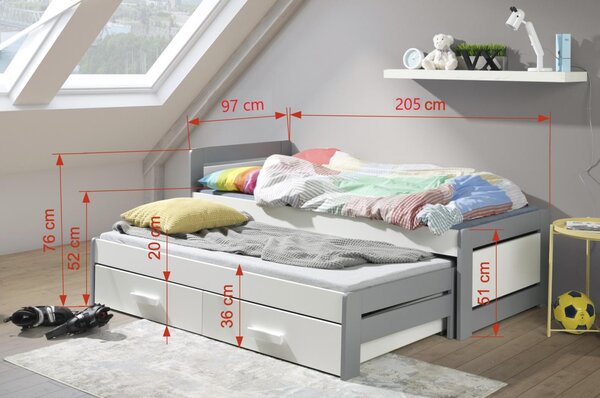 MAXMAX Detská posteľ z masívu borovice TIESTO s prístelkou a šuplíky - 200x90 cm - biela/dub shetland