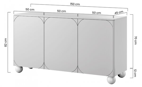 Trojdverová komoda Sonatia II 150 cm - kasmír / guľové nohy
