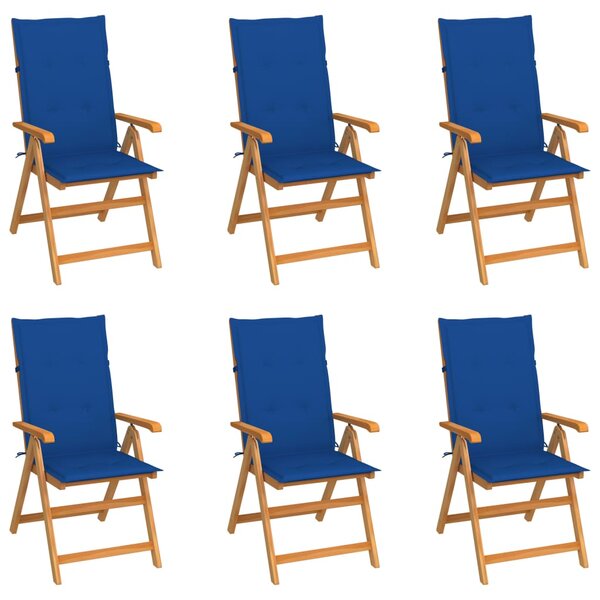Záhradné stoličky 6 ks, kráľovsky modré podložky, tíkový masív