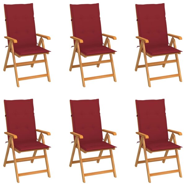 Záhradné stoličky 6 ks, vínovo červené podložky, tíkový masív