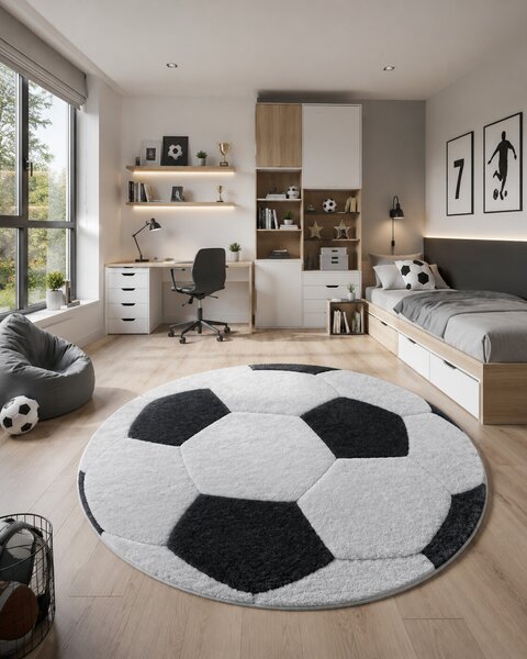Dywany Łuszczów , Detský kusový koberec Bambino 2139 Football, 80x80 (priemer) kruh, čiernobiela, detská izba
