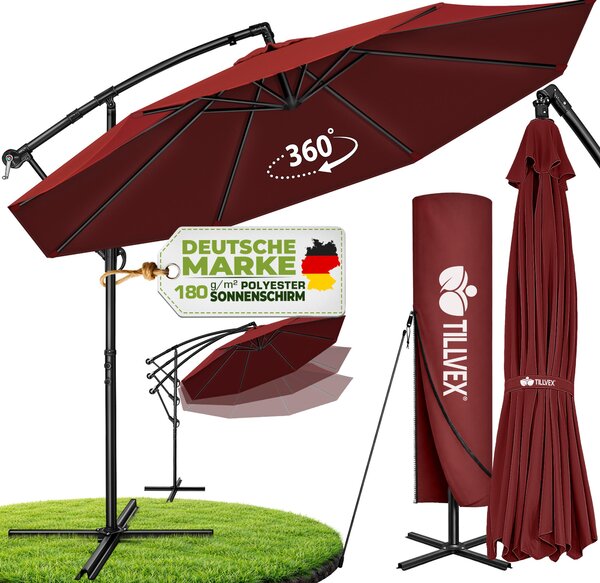 Tillvex slnečník červený Ø 350 cm závesný slnečník záhradný slnečník trhový slnečník kľukový balkón hliníkový sklápací