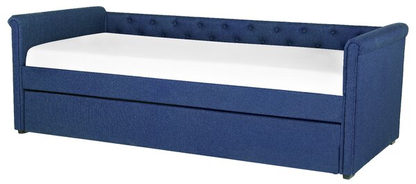 Rozkladacia posteľ námornícka modrá látkové čalúnenie s gombíkmi 80 x 200 cm posteľ pre hostí detská izba