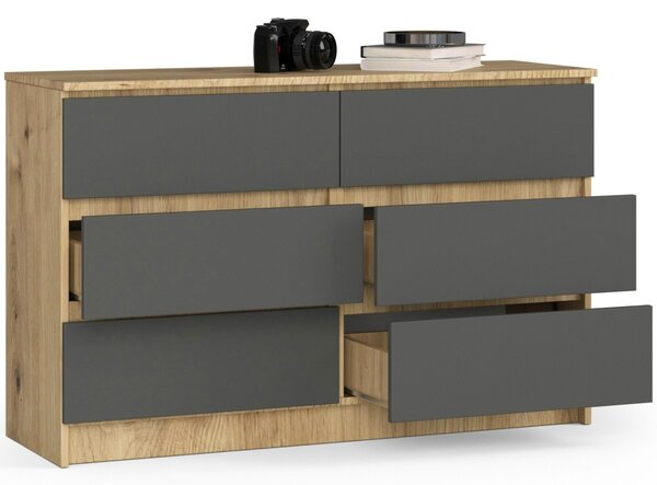 Ak furniture Komoda Kuba 120 cm 6 zásuviek dub artisan/grafit