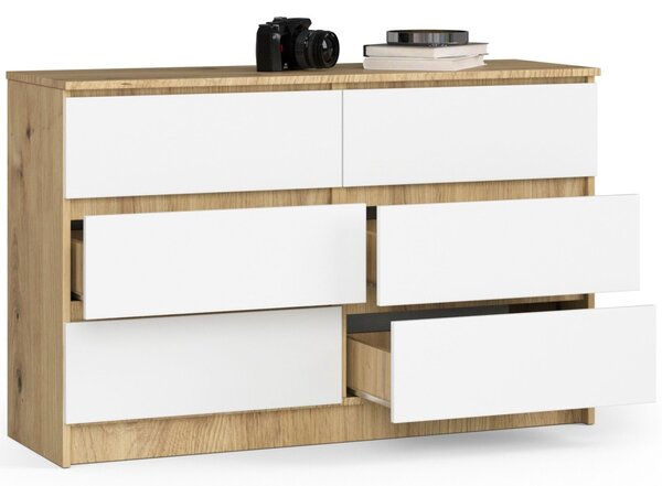 Ak furniture Komoda Kuba 120 cm 6 zásuviek dub artisan/biela