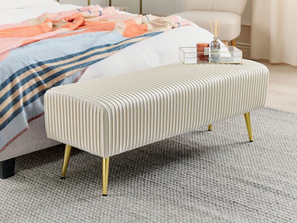Lavica krémová biela zamatové čalúnenie zlaté kovové nohy 118 cm glamour moderný štýl spálňa predsieň
